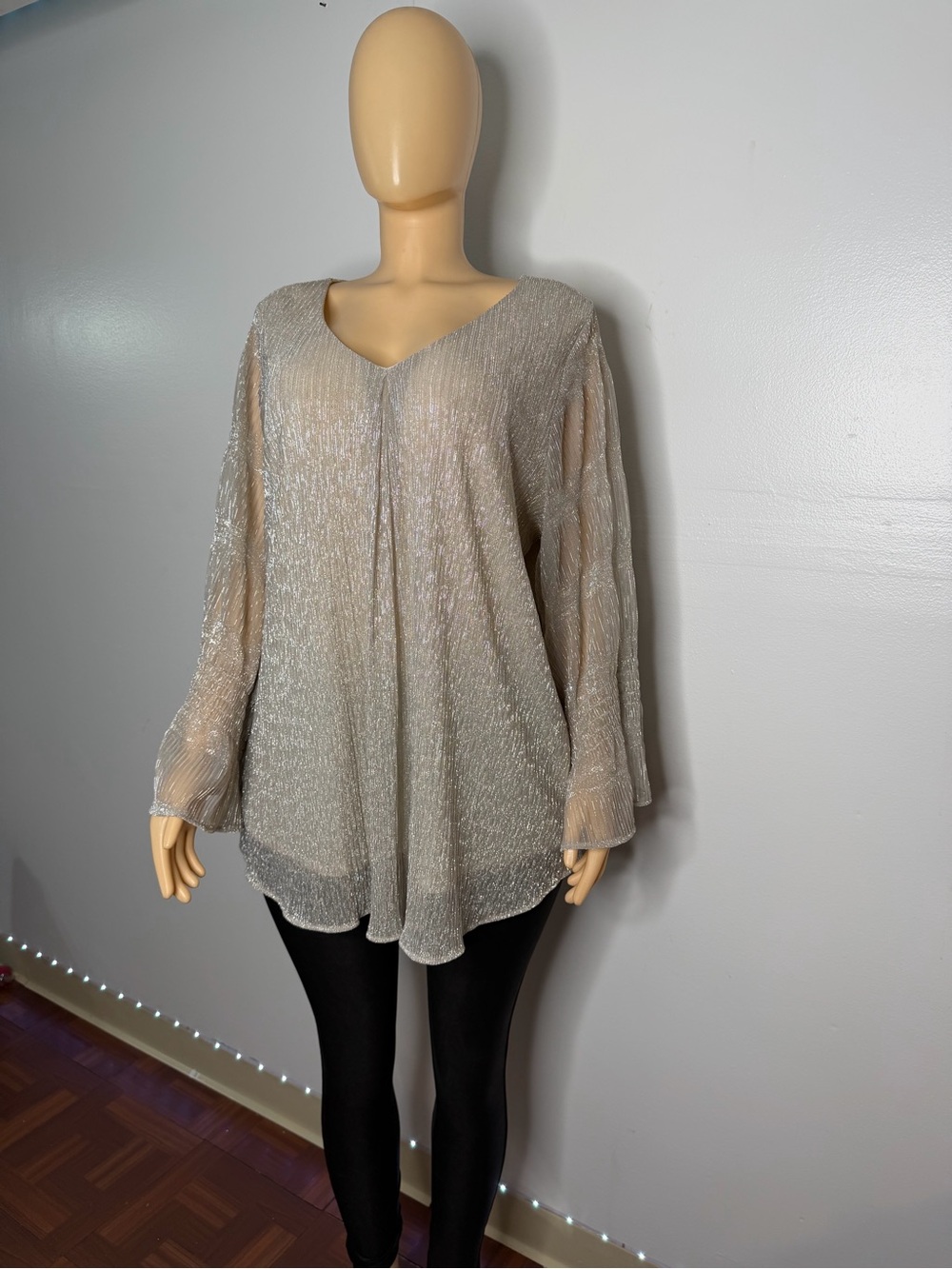 Neutral Shimmer V-Neck Long Sleeve Women's Top